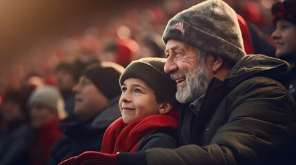 Grandfather and grandson at a sports game in the stands during winter. Concept of Generational Bonding, Sporting Tradition, and Winter Game Excitement.