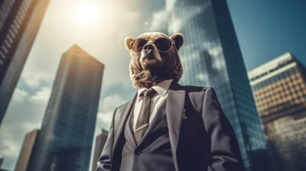 Fotobehang A bear wearing a suit and sunglasses in a city © Natalia Klenova