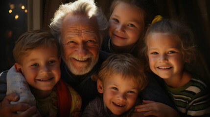 Fototapeta premium Grandfather posing with grandchildren. Happy portrait. Concept of Inter-generational Joy, Family Togetherness, and Cherished Memories.