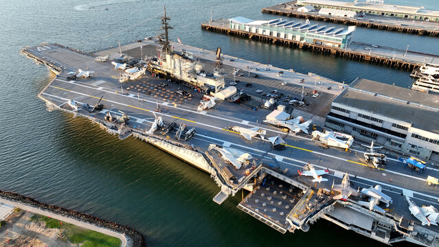 Uss Midway At San Diego In California United States. Scenic Downtown Cityscape. Urban Coastal. Uss Midway At San Diego In California United States. 