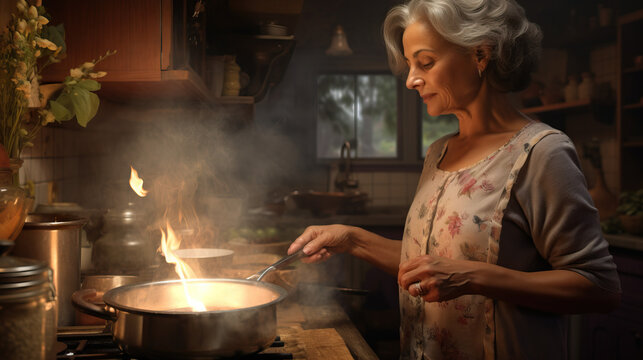 Senior woman making dinner in the kitchen with fire and flames on the pan. Concept of Kitchen Mishap, Culinary Adventures, and the Challenges of Home Cooking.