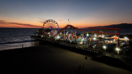 Santa Monica Pier At Los Angeles In California United States. Amusement Park Harbor Scenery. Ferris...