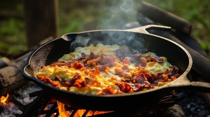 Camping breakfast  in a cast iron skillet.