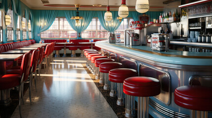 Old American diner from the 50s. Empty backdrop. Concept of Nostalgic Americana, Retro Dining, and...