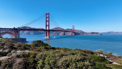 Golden Gate Bridge At San Francisco In California United States. Downtown City Skyline. Transportation Scenery. Golden Gate Bridge At San Francisco In California United States. 