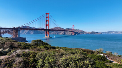 Golden Gate Bridge At San Francisco In California United States. Downtown City Skyline....