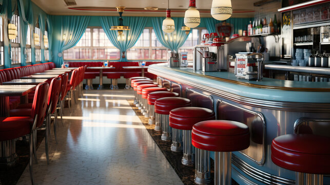 Old American diner from the 50s. Empty backdrop. Concept of Nostalgic Americana, Retro Dining, and Vintage Charm.