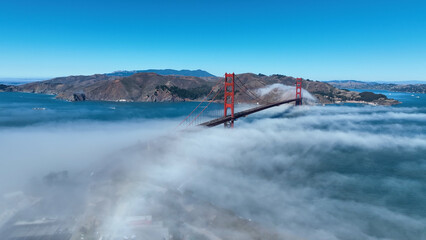 Golden Gate Bridge Aerial At San Francisco In California United States. Megalopolis Downtown...