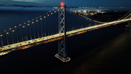 Oakland Bay Bridge At San Francisco In California United States. Megalopolis Downtown Cityscape....