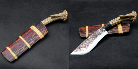 Enep Thai knife handle with deer antler and rosewood sheath is handmade in Thailand