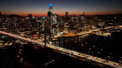 Sunset City Skyline At San Francisco In California United States. Megalopolis Downtown Cityscape. Business Travel. Sunset City Skyline At San Francisco In California United States. 