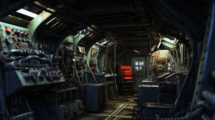 Fototapeta premium Submarine interior. Dark and moody. Concept of Submersible Exploration, Naval Enclosed Spaces, and the Silent Depths of the Ocean.