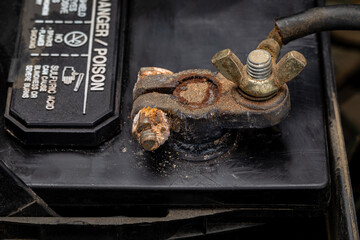 Battery terminal corrosion on automotive battery. Car repair, vehicle maintenance and service...