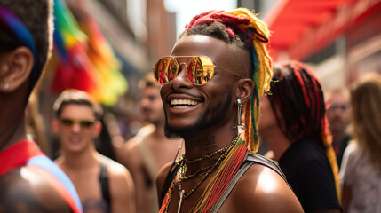 Man at a pride parade, smiling and happy. Concept of LGBTQ+ Celebration, Joyful Expression, and Support for Diversity and Inclusivity.