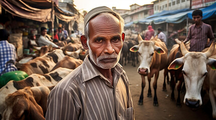 Portrait of an Indian man at a market in India with cows. Concept of Rural Marketplace, Livestock Presence, and Everyday Life in Rural India.