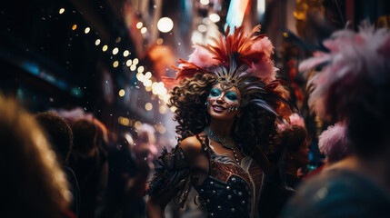 A person wearing a glittering carnival mask, half face visible, capturing the excitement and allure of the carnival, - obrazy, fototapety, plakaty