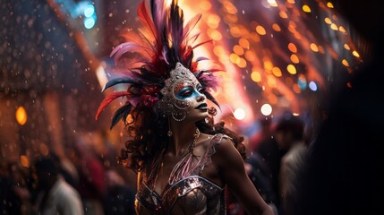 A person wearing a glittering carnival mask, half face visible, capturing the excitement and allure of the carnival,
