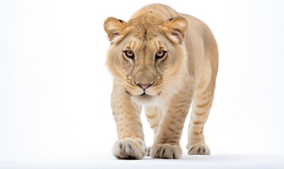 Close up of a white lioness in front of a white background