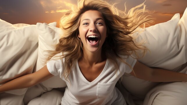 Beautiful Woman Pajamas Pillow Jumping,  Background HD For Designer