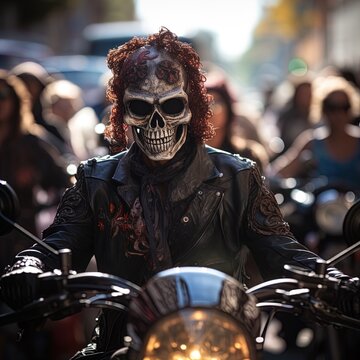 People in skull masks at a motorcycle rally. Great for stories of the grim reaper, motorcycle gangs, demons, horror, crime and more. 