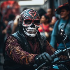 People in skull masks at a motorcycle rally. Great for stories of the grim reaper, motorcycle gangs, demons, horror, crime and more. 