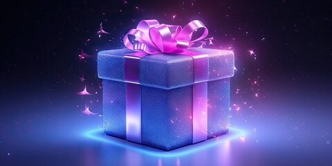 Gleaming festivities. Unveiling magic of christmas with shiny blue gift box and golden ribbon. Celebration elegance. Bright bokeh background accentuates beautifully wrapped xmas present