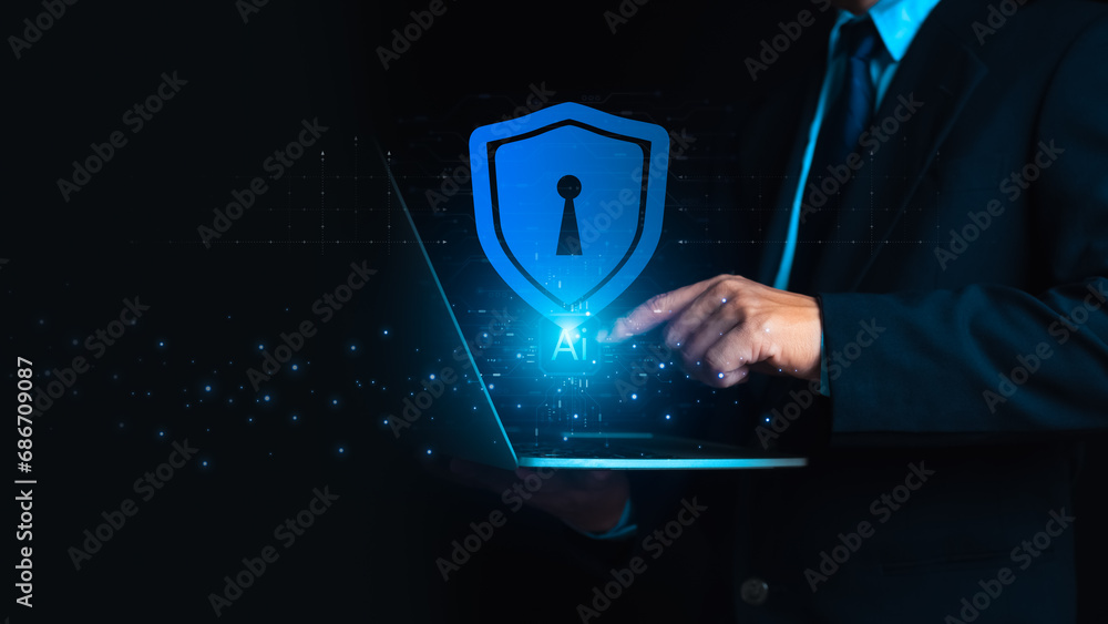 Poster businessman shows icon on using artificial intelligence (ai) technology with virtual screen showing 