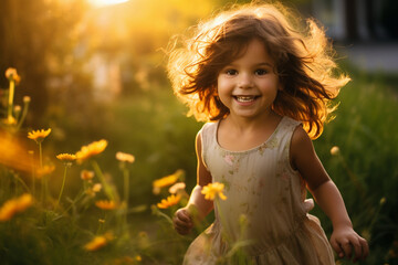 Beautiful portrait of a 3-year-old girl kid playing in yard at sunrise