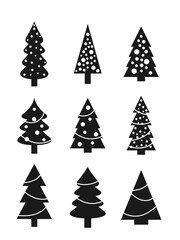 Christmas tree icon set. Black simple Christmas tree shapes collection. PNG graphics with transparent background. 