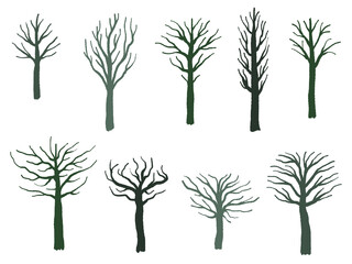 PNG tree shape set - barren tree silhouette illustration collection. PNG objects with transparent background. - obrazy, fototapety, plakaty