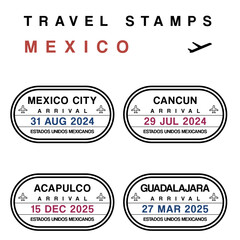 Travel stickers - passport stamps set (fictitious stamps). Mexico destinations: Mexico City, Cancun, Acapulco and Guadalajara. PNG objects with transparent background. - obrazy, fototapety, plakaty