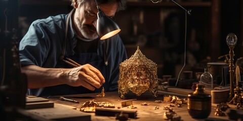 A detailed image of a skilled goldsmith crafting a delicate gold filigree piece - obrazy, fototapety, plakaty