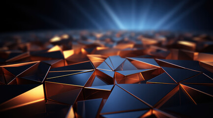 A vanishing perspective of orange glowing metallic geometric lava shapes with a glossy finish. 