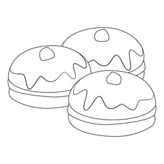 Sufganiyah doughnut traditional Hanukkah dish. Happy Hanukkah Illustration. Coloring page. Line Art. Separate objects. Hand drawn design elements.