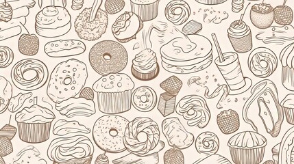 Various sweet desserts, creating a delightful and visually appealing arrangement. Line art style illustration pattern background. 