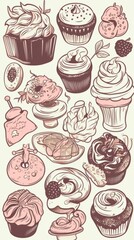 Various sweet desserts, creating a delightful and visually appealing arrangement. Line art style illustration pattern background. 