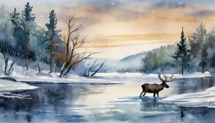 Nordic wilderness, winter dawn, frozen river, a moose visible in the distance.
