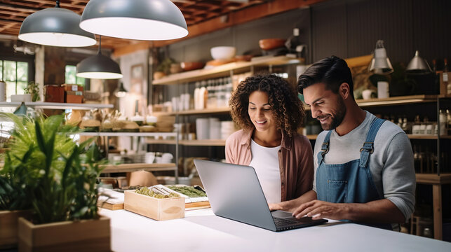 Two young shop owners using a laptop in their store.
