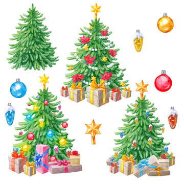 Various  decorated Christmas trees with gifts for Christmas cards design