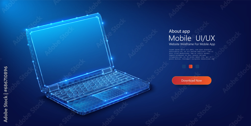 Leinwandbilder digital wireframe laptop concept with glowing edges on dark background. low poly vector illustration