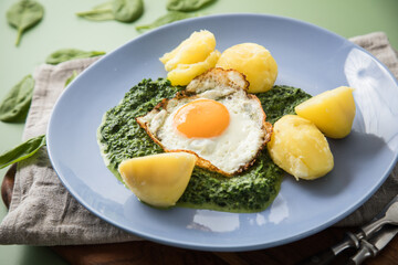 Rahmspinat mit Salzkartoffeln und Spiegelei auf Emaille Teller mit Besteck, Holzbrett, Serviette, Spinat Blätter roh und grün Hintergrund