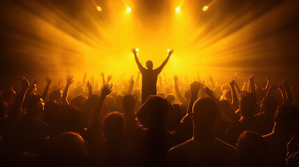 Concert crowd shadows against vibrant yellow stage lights. silhouette concept.