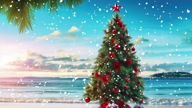 christmas tree on a tropical beach in the snow