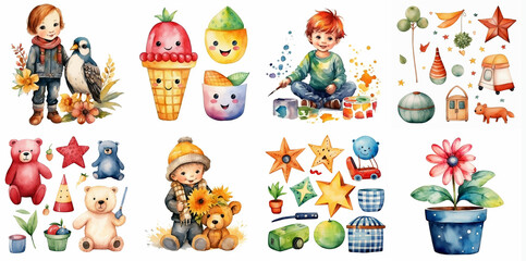 Watercolor children's clipart set isolated on a white background for crafts, invitations, scrapbooking, art project, stickers