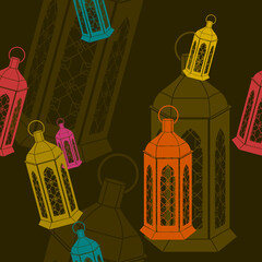 Editable Flat Monochrome Style Arabian Lamps Vector Illustration With Various Colors as Seamless Pattern With Dark Background for Islamic Occasional Theme Such as Ramadan and Eid or Arab Culture