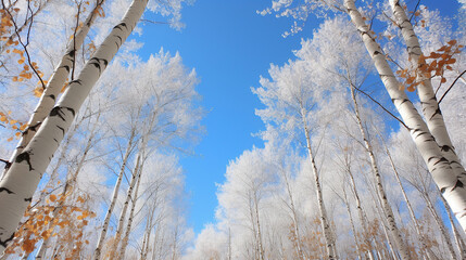 Sunny day after snow, 90 degrees looking up at the sky, Surrounded by poplar trees, Blue Sky, White leaves. - obrazy, fototapety, plakaty