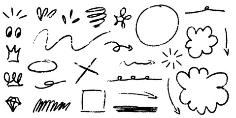 Illustration set of grungy doodles for daily planner, hand drawn notebook sheets and arrows. Pencil goodnotes digital stickers, hand drawn textured underlines and strikethrough, scribble emphasis