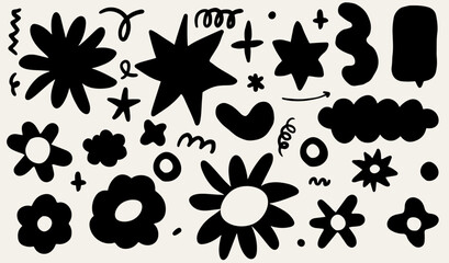 Collection of abstract retro flowers. Vector sticker pack. Set of hippie modern forms, funny flower, confeti, star, loop in trendy 70s, 90s groovy cartoon style.