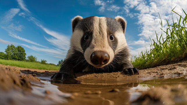 Honey badger near a puddle