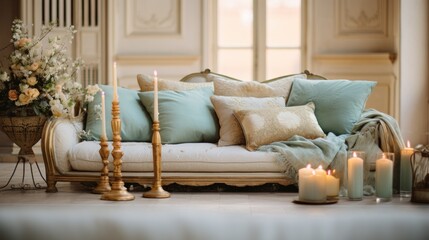 A living room filled with lots of pillows and candles